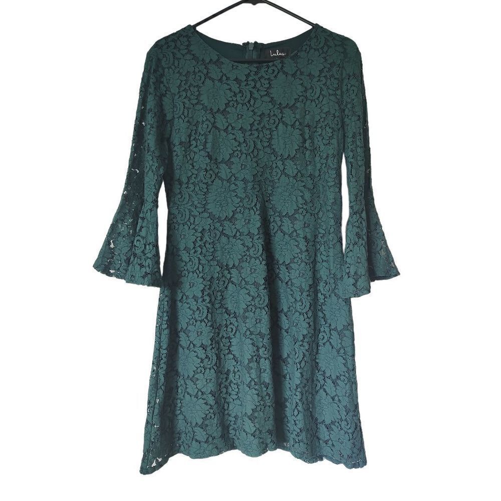 Lulu's Women's Size Medium Hunter Green Lace Overlay Lined Bell Sleeves Dress